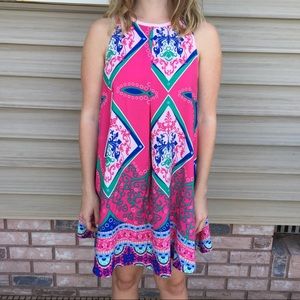 Pink Floral Print A Line Loose Fit Flowy Breezy Swing Dress Multi Color Sz S